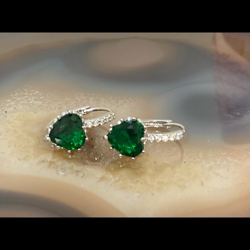 Silver green cubic zirconia heart dangle earrings emerald heart huggie hoops